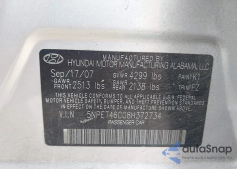 2008 Hyundai Sonata Gls z USA, uszkodzony, nr VIN 5NPET46C08H372734